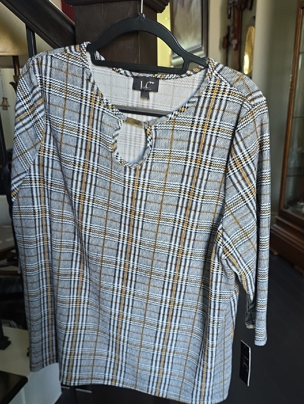 LC Lauren Conrad Gray Plaid Blouse with Tan Stripes and Keyhole